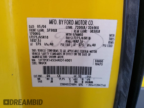 2004 Ford F-150 XLT с VIN 1FTPX14534KD14001, выставлен на аукционе Copart как лот 57240635 с пробегом 137 416 миль миль и Чистый • Clean title. История ставок и продаж доступна на DreamBid. Изображение 13.