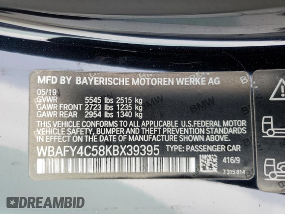 2019 BMW 8 Series M850i xDrive with VIN WBAFY4C58KBX39395, listed as a Copart auction lot 74088834 with 27,413 mi miles and Salvage title. Bid and sale history available at DreamBid. Image 14.