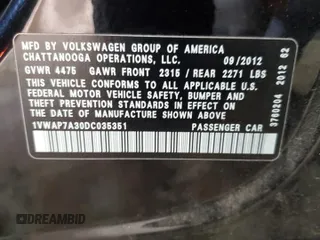 2013 Volkswagen Passat S with VIN 1VWAP7A30DC035351, listed as a Copart auction lot 84110754 with 268,287 mi miles and Salvage title. Bid and sale history available at DreamBid. Image 12.
