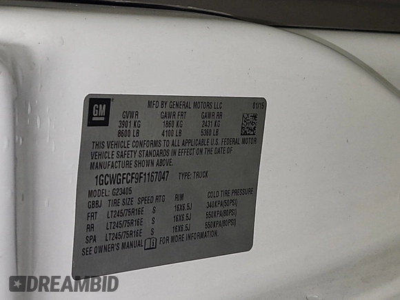 2015 Chevrolet Express Cargo with VIN 1GCWGFCF9F1167047, listed as a IAAI auction lot 42666478 with 169,647 mi miles and . Bid and sale history available at DreamBid. Image 47.