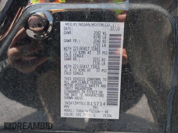 2020 Nissan Rogue S z VIN 5N1AT2MT0LC815714, wystawiony jako IAAI lot #41641242 z przebiegiem 85 295 mil mil oraz . Historia ofert i sprzedaży dostępna na DreamBid. Obrazek 9.