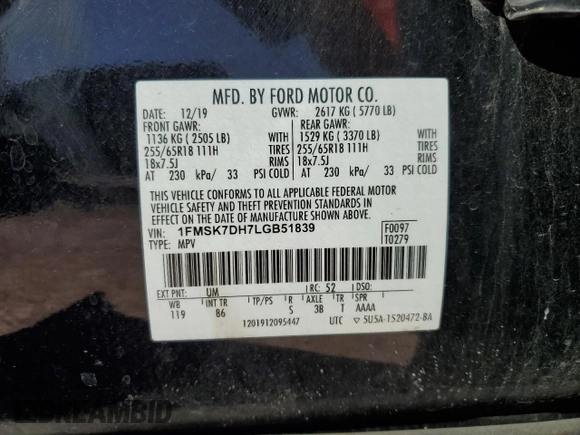 2020 Ford Explorer XLT with VIN 1FMSK7DH7LGB51839, listed as a Copart auction lot 49852995 with 68,387 mi miles and Salvage Title. Bid and sale history available at carsss.com. Image 13.