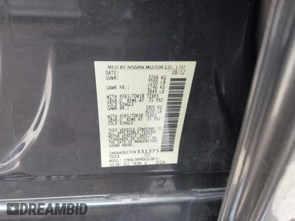 2012 Nissan Titan SV with VIN 1N6AA0EC7CN331375, listed as a IAAI auction lot 41972669 with 109,288 mi miles. Bid and sale history available at carsss.com. Image 9.