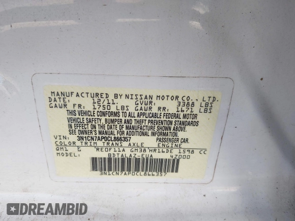 2012 Nissan Versa SV with VIN 3N1CN7AP0CL866357, listed as a IAAI auction lot 41369259 with 188,829 mi miles. Bid and sale history available at carsss.com. Image 9.