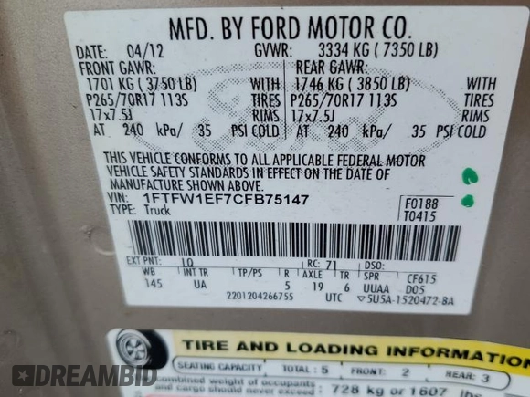 2012 Ford F-150 XL with VIN 1FTFW1EF7CFB75147, listed as a Copart auction lot 50108975 with 141,219 mi miles and Salvage Title. Bid and sale history available at carsss.com. Image 12.
