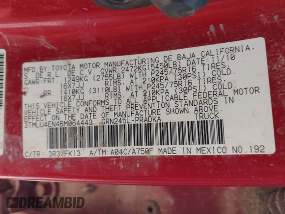 2011 Toyota Tacoma with VIN 3TMLU4EN4BM064443, listed as a IAAI auction lot 42021782 with 287,231 mi miles and . Bid and sale history available at DreamBid. Image 9.