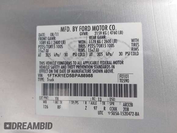 2011 Ford Ranger XL with VIN 1FTKR1ED5BPA88988, listed as a IAAI auction lot 42363305 with 188,317 mi miles and . Bid and sale history available at DreamBid. Image 9.