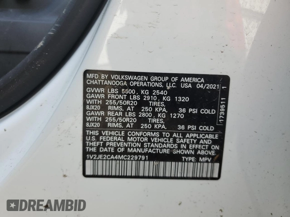 2021 Volkswagen Atlas SE with VIN 1V2JE2CA4MC229791, listed as a Copart auction lot 48929455 with 76,407 mi miles and Salvage title. Bid and sale history available at DreamBid. Image 13.