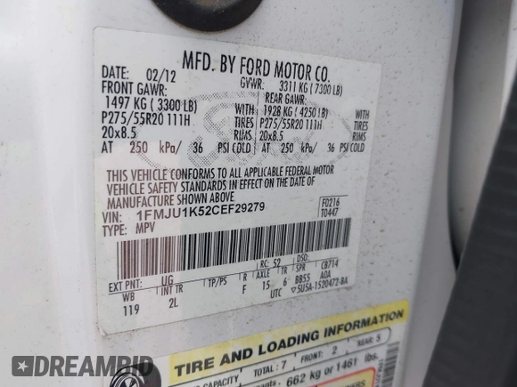 2012 Ford Expedition Limited with VIN 1FMJU1K52CEF29279, listed as a IAAI auction lot 42120438 with Not provided miles and . Bid and sale history available at DreamBid. Image 9.