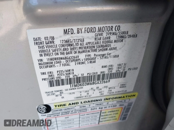 2008 Ford Taurus X Limited with VIN 1FMDK03W68GA32669, listed as a IAAI auction lot 42478240 with 130,997 mi miles and . Bid and sale history available at DreamBid. Image 9.