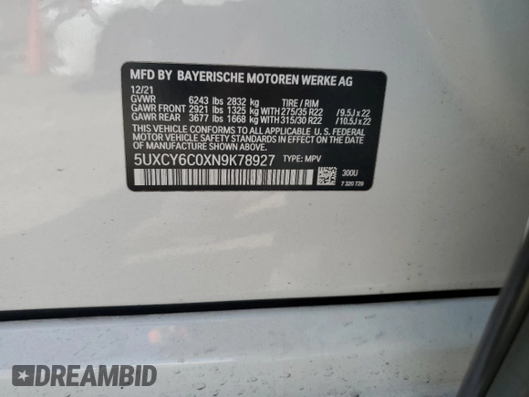 2022 BMW X6 xDrive40i z VIN 5UXCY6C0XN9K78927, wystawiony jako Copart lot #48348335 z przebiegiem 63 074 mil mil oraz Szkoda całkowita • Salvage title. Historia ofert i sprzedaży dostępna na DreamBid. Obrazek 13.