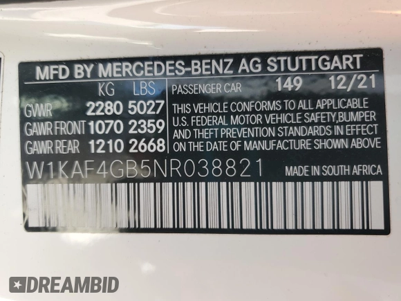2022 Mercedes-Benz C 300 с VIN W1KAF4GB5NR038821, выставлен на аукционе Copart как лот 53915585 с пробегом 54 601 миль миль и Списание • Salvage title. История ставок и продаж доступна на DreamBid. Изображение 12.