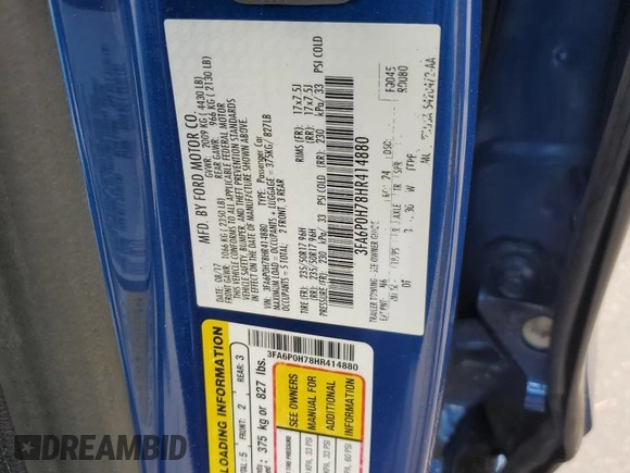 2017 Ford Fusion SE with VIN 3FA6P0H78HR414880, listed as a Copart auction lot 61943155 with 131,616 mi miles and Salvage title. Bid and sale history available at DreamBid. Image 10.