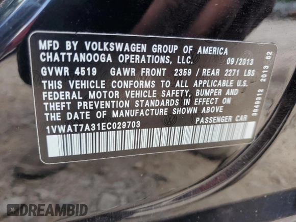 2014 Volkswagen Passat S with VIN 1VWAT7A31EC029703, listed as a Copart auction lot 61773525 with 131,787 mi miles and Clean title. Bid and sale history available at DreamBid. Image 12.