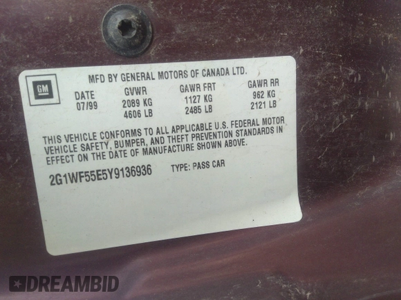 2000 Chevrolet Impala with VIN 2G1WF55E5Y9136936, listed as a IAAI auction lot 31257276 with Not provided miles and . Bid and sale history available at DreamBid. Image 9.