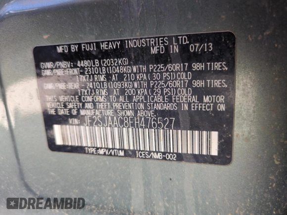 2014 Subaru Forester 2.5i with VIN JF2SJAAC8EH476527, listed as a Copart auction lot 55086265 with Not Provided miles and Clean Title. Bid and sale history available at DreamBid. Image 13.