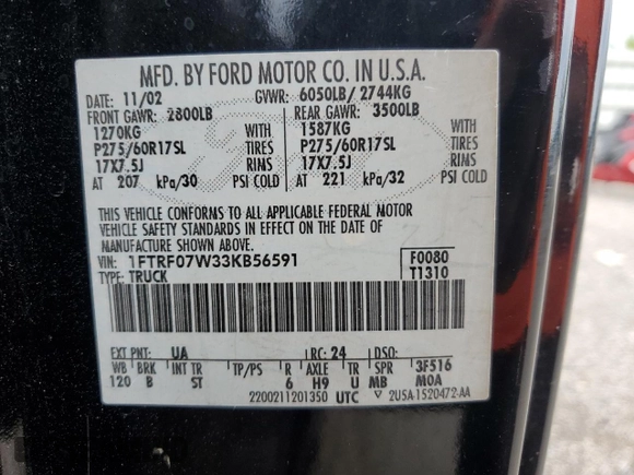 2003 Ford F-150 XL with VIN 1FTRF07W33KB56591, listed as a Copart auction lot 64170993 with 150,941 mi miles and Salvage title. Bid and sale history available at DreamBid. Image 12.