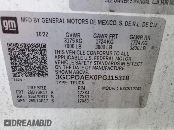 2023 Chevrolet Silverado 1500 with VIN 3GCPDAEK0PG115318, listed as a Copart auction lot 47929095 with 39,010 mi miles and Salvage Title. Bid and sale history available at DreamBid. Image 12.