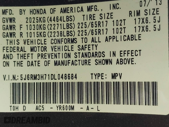 2013 Honda CR-V EX-L with VIN 5J6RM3H71DL048684, listed as a IAAI auction lot 41990461 with 81,273 mi miles and . Bid and sale history available at DreamBid. Image 9.