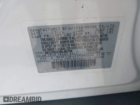 2021 Nissan Kicks SV with VIN 3N1CP5CV1ML482759, listed as a IAAI auction lot 42022796 with 73,303 mi miles and . Bid and sale history available at DreamBid. Image 9.