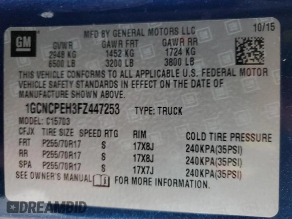 2015 Chevrolet Silverado 1500 Work Truck with VIN 1GCNCPEH3FZ447253, listed as a Copart auction lot 42869365 with 193,817 mi miles and Salvage Title. Bid and sale history available at DreamBid. Image 14.