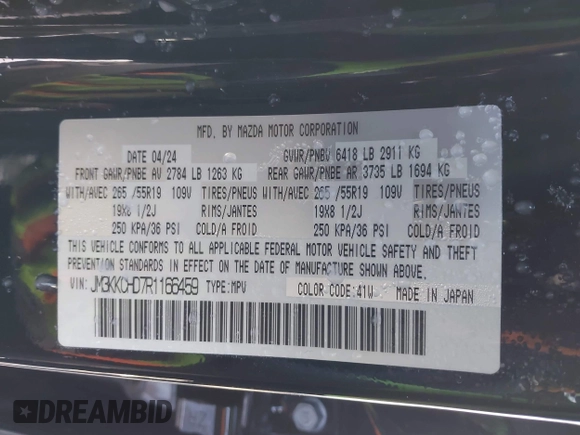 2024 Mazda CX-90 Preferred Plus with VIN JM3KKCHD7R1166459, listed as a IAAI auction lot 41621442 with 5,742 mi miles and . Bid and sale history available at DreamBid. Image 9.