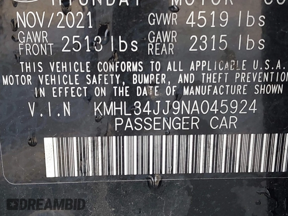 2022 Hyundai Sonata Hybrid SEL with VIN KMHL34JJ9NA045924, listed as a IAAI auction lot 41918996 with 86,081 mi miles. Bid and sale history available at carsss.com. Image 9.