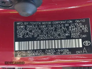 2010 Toyota Prius Four with VIN JTDKN3DU9A1236960, listed as a IAAI auction lot 42074854 with 149,531 mi miles and . Bid and sale history available at DreamBid. Image 9.