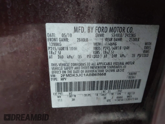 2010 Ford Edge SEL with VIN 2FMDK3JC1ABB65668, listed as a IAAI auction lot 41742456 with 111,769 mi miles. Bid and sale history available at carsss.com. Image 9.