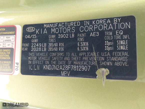 2015 Kia Soul with VIN KNDJN2A28F7812907, listed as a IAAI auction lot 41989088 with 75,258 mi miles. Bid and sale history available at carsss.com. Image 9.