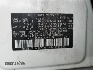 2019 Subaru Outback Touring z VIN 4S4BSATCXK3314279, wystawiony jako Copart lot #56398635 z przebiegiem 33 670 mil mil oraz Szkoda całkowita • Salvage title. Historia ofert i sprzedaży dostępna na DreamBid. Obrazek 13.