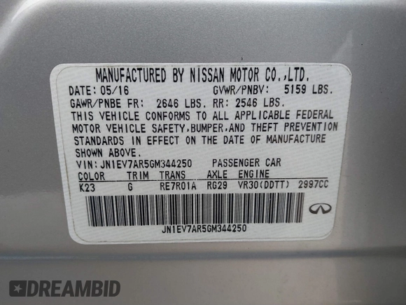 2016 Infiniti Q50 with VIN JN1EV7AR5GM344250, listed as a IAAI auction lot 41629267 with 88,254 mi miles and . Bid and sale history available at DreamBid. Image 9.