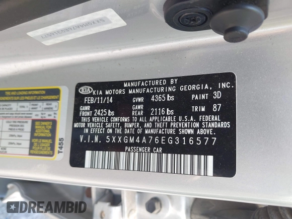 2014 Kia Optima LX with VIN 5XXGM4A76EG316577, listed as a IAAI auction lot 42594090 with 68,979 mi miles and . Bid and sale history available at DreamBid. Image 9.