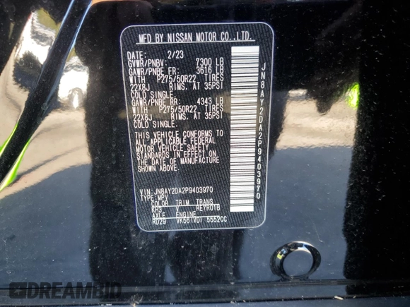 2023 Nissan Armada Platinum with VIN JN8AY2DA2P9403970, listed as a Copart auction lot 80102464 with 36,957 mi miles and Salvage Title. Bid and sale history available at carsss.com. Image 13.
