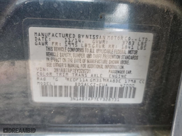 2014 Nissan Sentra S with VIN 3N1AB7AP7EY328731, listed as a Copart auction lot 51549905 with 132,788 mi miles and Salvage Title. Bid and sale history available at carsss.com. Image 14.