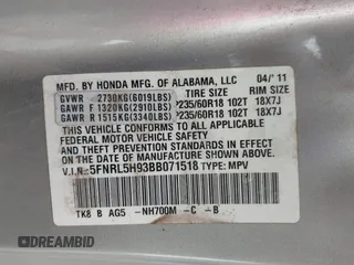 2011 Honda Odyssey Touring with VIN 5FNRL5H93BB071518, listed as a IAAI auction lot 42402421 with 227,647 mi miles and . Bid and sale history available at DreamBid. Image 9.