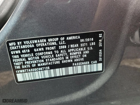 2016 Volkswagen Passat 1.8T SE w/Technology with VIN 1VWBT7A32GC067125, listed as a Copart auction lot 49298105 with 109,077 mi miles and Clean Title. Bid and sale history available at carsss.com. Image 12.
