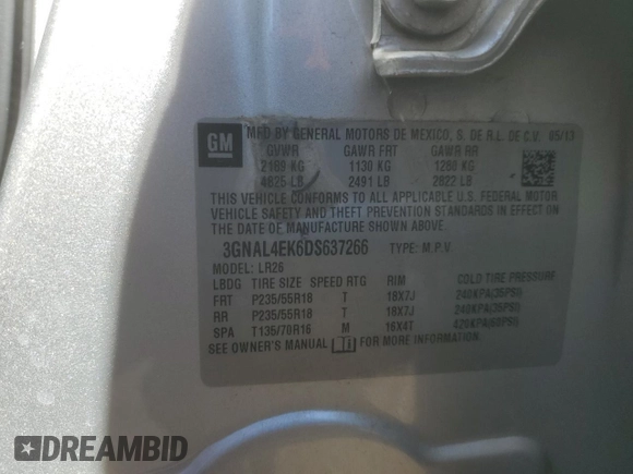 2013 Chevrolet Captiva Sport LTZ with VIN 3GNAL4EK6DS637266, listed as a Copart auction lot 56785485 with 154,623 mi miles and Clean Title. Bid and sale history available at DreamBid. Image 13.