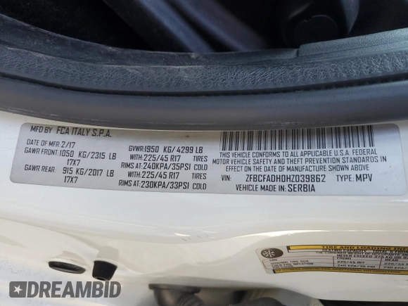 2017 FIAT 500L Trekking z VIN ZFBCFADH0HZ039862, wystawiony jako Copart lot #53530305 z przebiegiem 46 318 mil mil oraz Szkody całkowita. Historia ofert i sprzedaży dostępna na DreamBid. Obrazek 12.