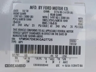 2019 Ford Explorer XLT with VIN 1FM5K7D83KGA27725, listed as a IAAI auction lot 40452438 with 76,913 mi miles and . Bid and sale history available at DreamBid. Image 9.