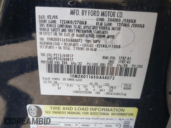 2005 Ford Freestyle SE with VIN 1FMZK01165GA48072, listed as a IAAI auction lot 41782025 with 235,073 mi miles. Bid and sale history available at carsss.com. Image 9.