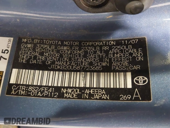 2008 Toyota Prius with VIN JTDKB20U587723685, listed as a IAAI auction lot 41828995 with 193,613 mi miles. Bid and sale history available at carsss.com. Image 9.