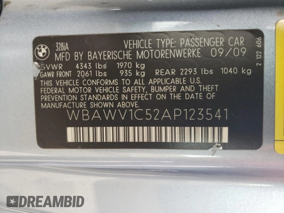 2010 BMW 3 Series 328i with VIN WBAWV1C52AP123541, listed as a Copart auction lot 86544454 with 192,952 mi miles and Clean Title. Bid and sale history available at carsss.com. Image 12.