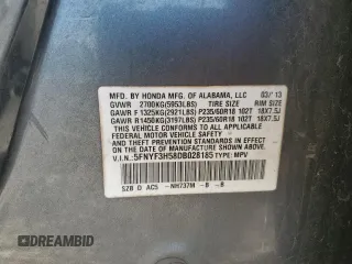 2013 Honda Pilot EX-L with VIN 5FNYF3H58DB028185, listed as a Copart auction lot 46416035 with 191,870 mi miles and Salvage Title. Bid and sale history available at DreamBid. Image 16.