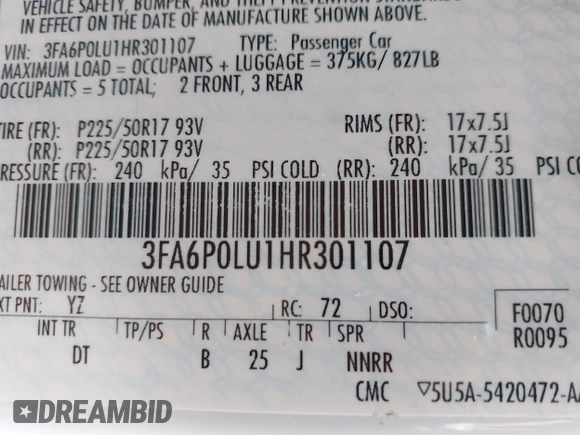 2017 Ford Fusion Hybrid SE with VIN 3FA6P0LU1HR301107, listed as a IAAI auction lot 41932701 with 177,983 mi miles and . Bid and sale history available at DreamBid. Image 9.