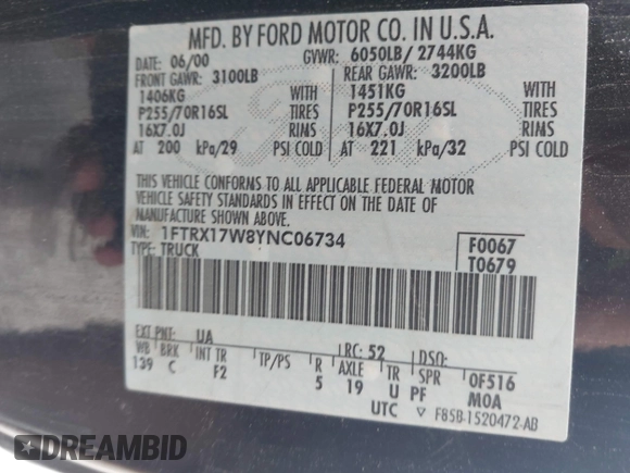 2000 Ford F-150 XL с VIN 1FTRX17W8YNC06734, выставлен на аукционе IAAI как лот 42274307 с пробегом 208 613 миль миль и . История ставок и продаж доступна на DreamBid. Изображение 9.