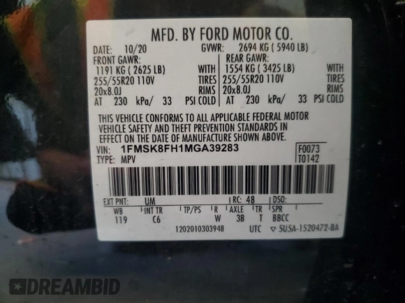 2021 Ford Explorer Limited с VIN 1FMSK8FH1MGA39283, выставлен на аукционе Copart как лот 59261965 с пробегом 56 795 миль миль и Списание • Salvage title. История ставок и продаж доступна на DreamBid. Изображение 14.