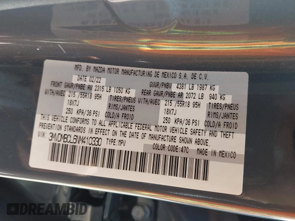 2022 Mazda CX-30 S Carbon Edition with VIN 3MVDMBCL6NM410330, listed as a IAAI auction lot 42107426 with 30,277 mi miles and . Bid and sale history available at DreamBid. Image 9.