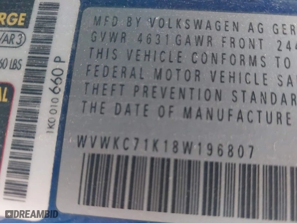 2008 Volkswagen R32 with VIN WVWKC71K18W196807, listed as a IAAI auction lot 41138935 with 175,680 mi miles. Bid and sale history available at carsss.com. Image 9.