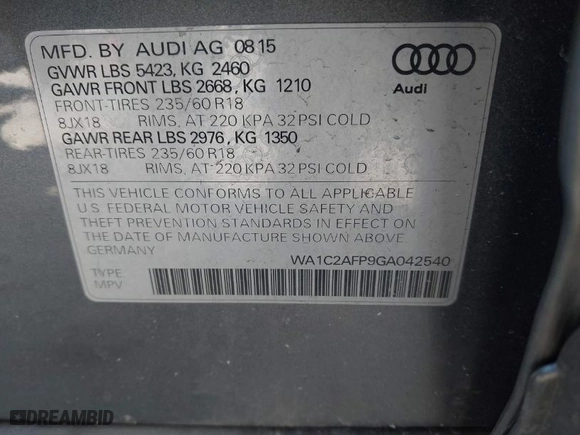 2016 Audi Q5 Premium with VIN WA1C2AFP9GA042540, listed as a IAAI auction lot 41780394 with 91,599 mi miles. Bid and sale history available at carsss.com. Image 9.